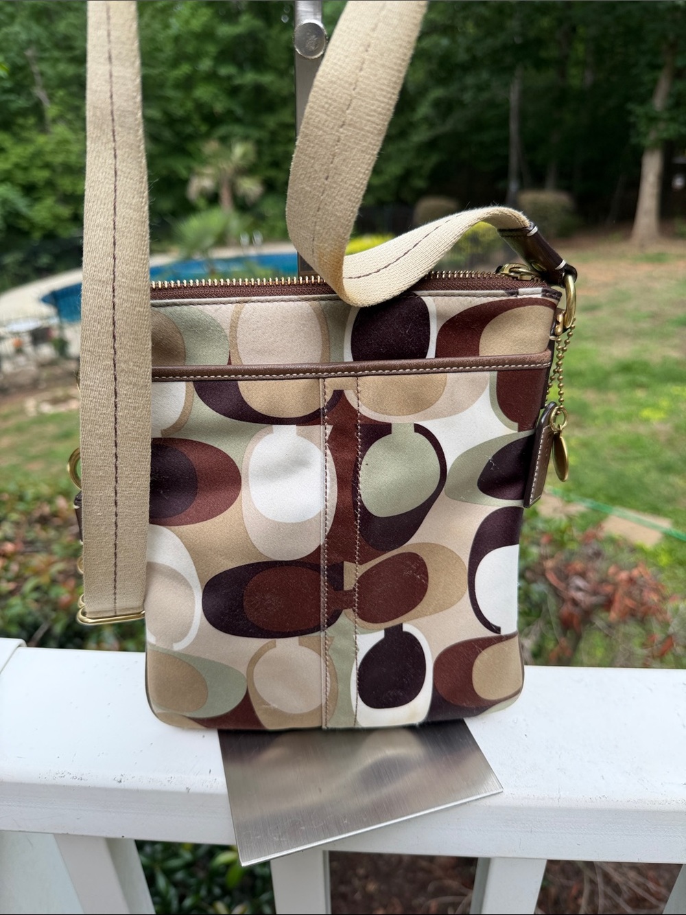 Coach Crossbody Bag in Brown, Tan and Cream Signature Print